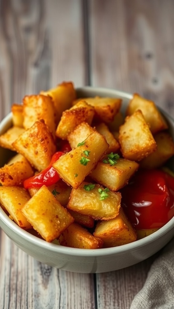 Crispy Air Fryer Ore-Ida Potatoes Recipe Crispy air-fried Ore-Ida potatoes in a bowl with ketchup on a rustic table.